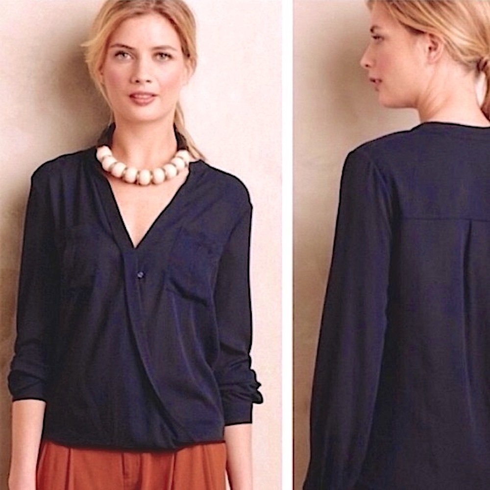 Anthropologie MAEVE ‘Eva’ tailored navy cross front wrap blouse size 0/XS